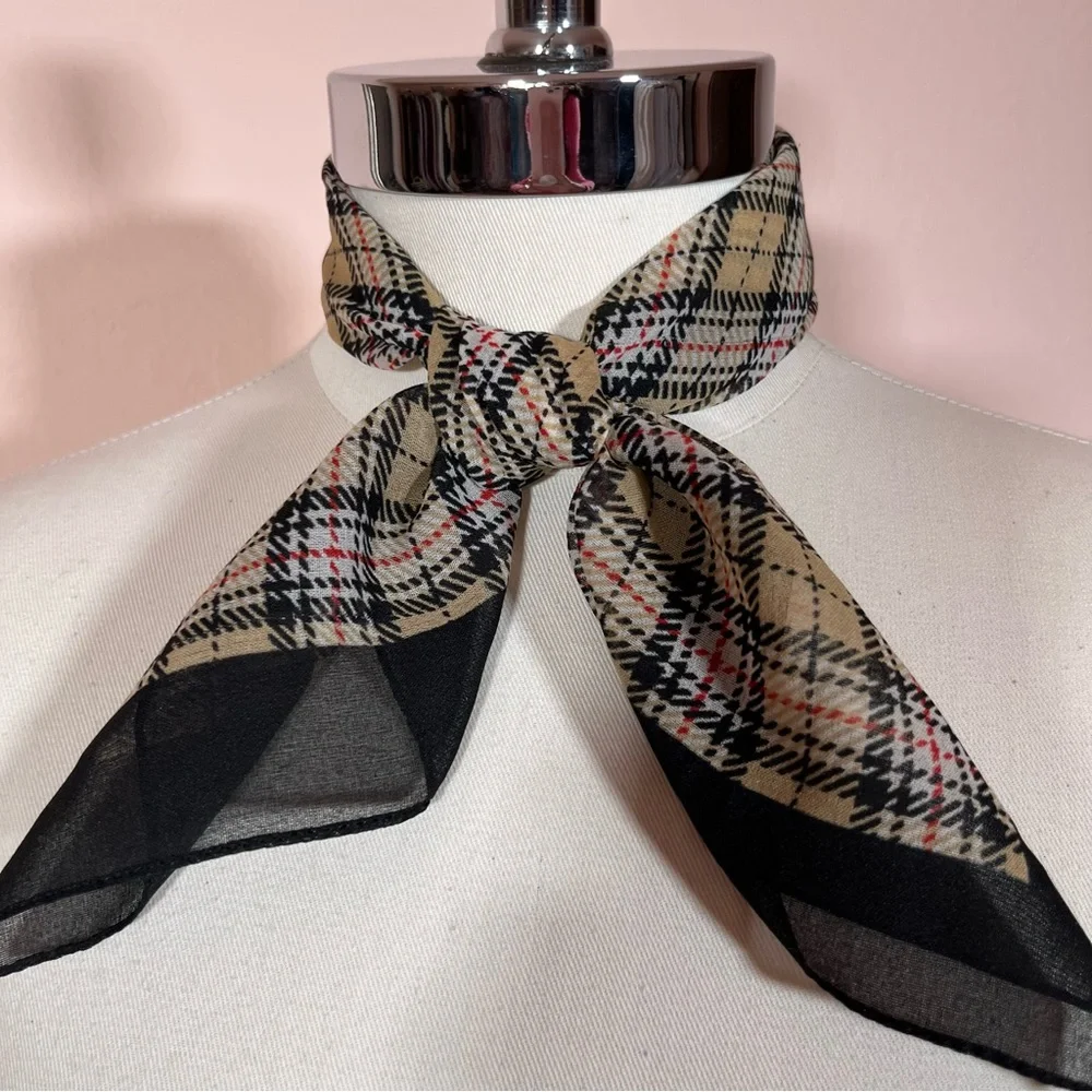 Vintage 80 90 Retro Camel Tan Black Academia Plaid classic Preppy Neck Scarf - Picture 9 of 13